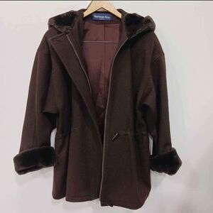 like NEW Herman Kay Designer Brown Suede Faux Fur Trimmed Hooded Jacket Sz 6